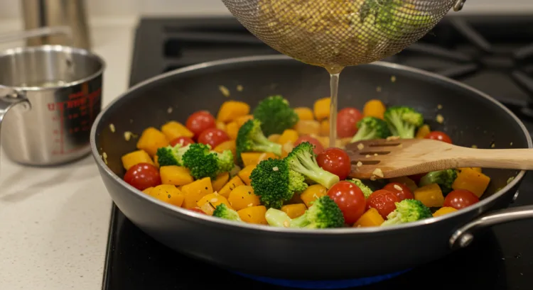 Drained gluten-free pasta being added to the skillet with sautéed vegetables, with reserved pasta cooking water set aside
