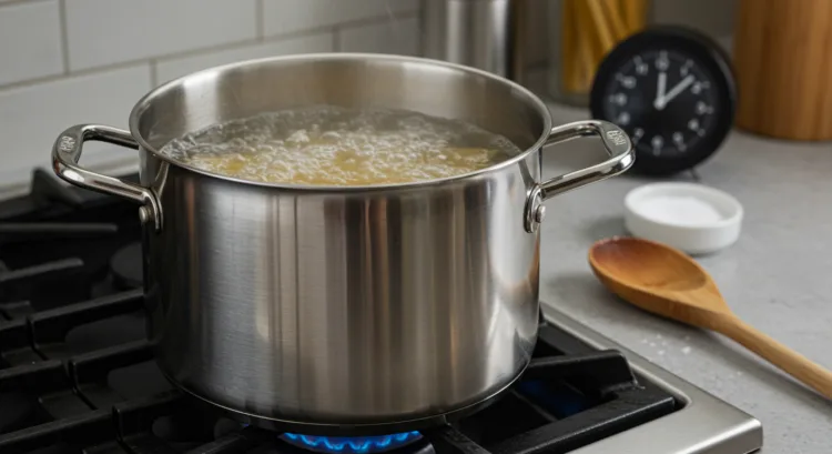 A large pot of salted water boiling on the stove with gluten-free pasta added, cooking for al dente texture