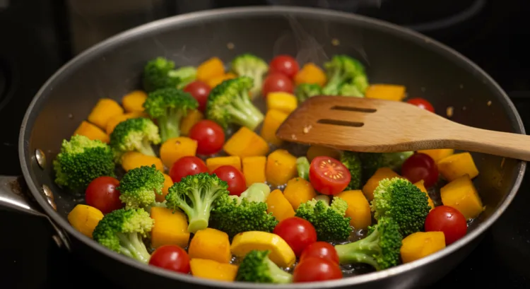 Broccoli and squash sautéing in a skillet, with cherry tomatoes added, cooking until bright and tender