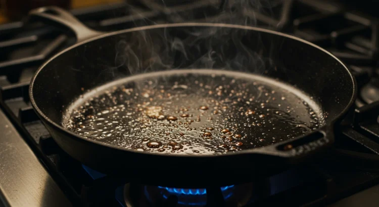 A cast iron skillet heating with olive oil over medium-high heat, ready to sear the lamb chops and create a perfect crust.