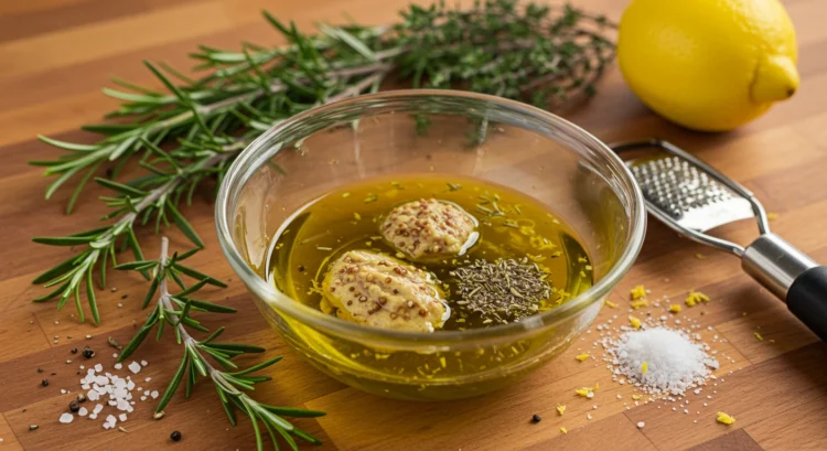 A small bowl with olive oil, garlic, rosemary, thyme, Dijon mustard, salt, pepper, and lemon zest, ready to infuse lamb chops with flavor.
