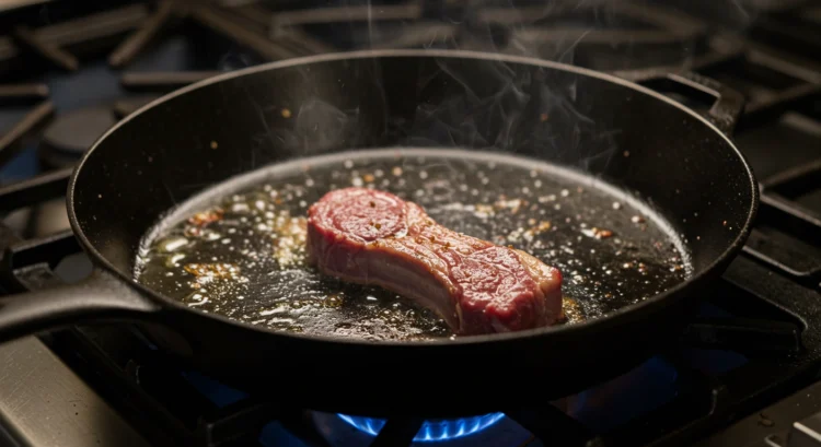 Lamb chops being added to a hot skillet, ensuring they don’t overcrowd for a perfect sear and crisp crust.