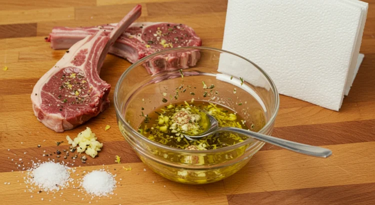 Lamb chops being rubbed with a flavorful herb mixture to ensure even seasoning and a perfect sear.